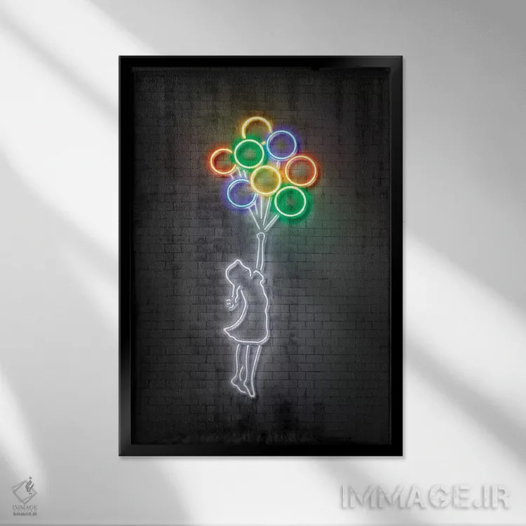 تابلو دکوراتیو دختر بادکنک به دست اثر اکتاویان میلو - نمای قابدار مشکی