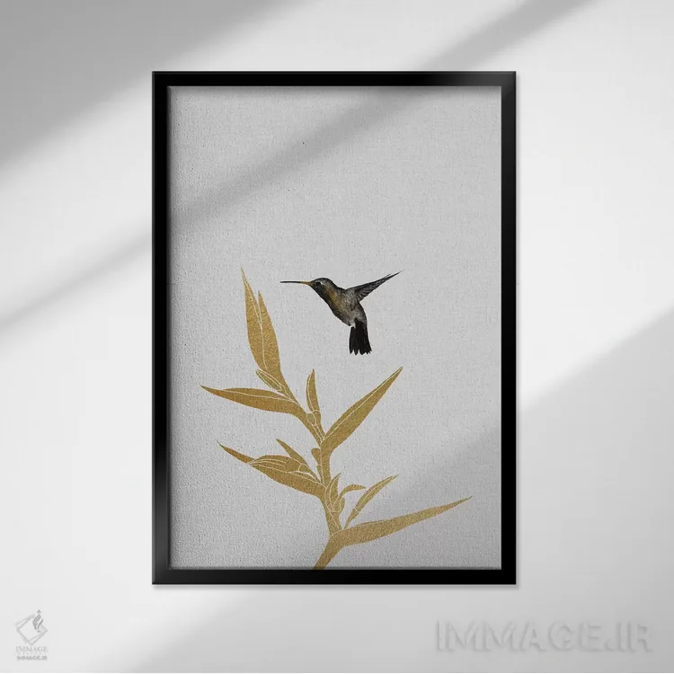 تابلو مینیمال مرغ مگس خوار و گل I اثر اورارا استودیو - نمای قابدار مشکی