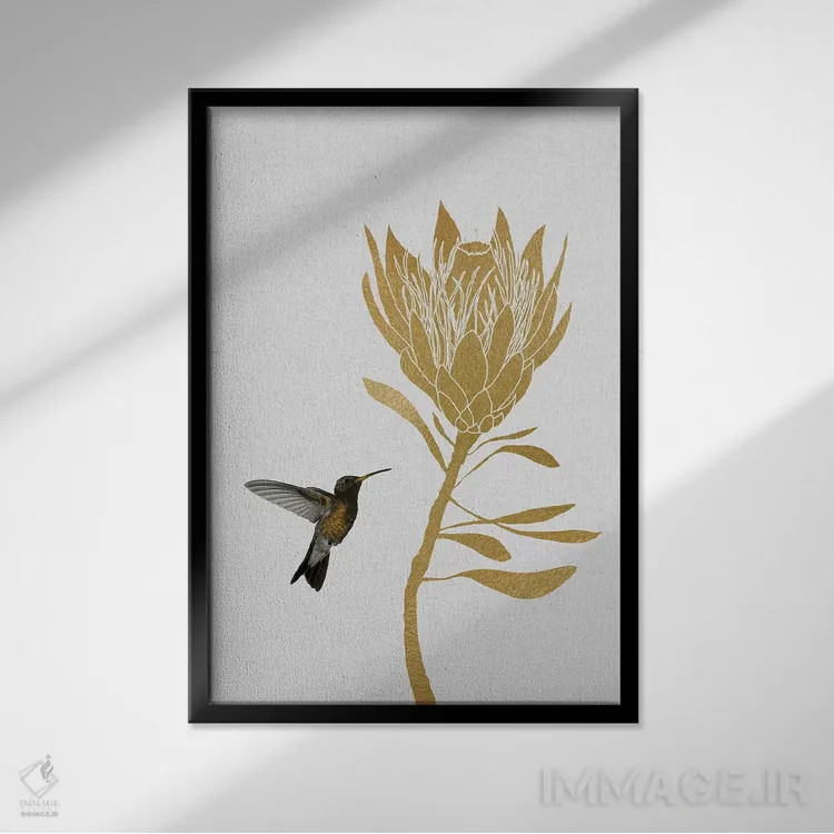 تابلو مینیمال مرغ مگس خوار و گل II اثر اورارا استودیو - نمای قابدار مشکی