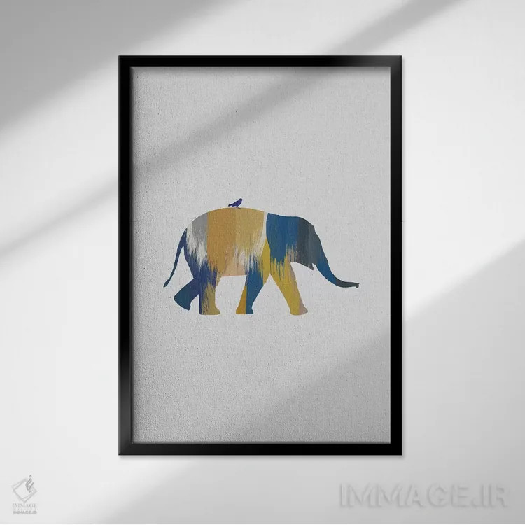 تابلو مینیمال فیل آبی و زرد اثر اورارا استودیو - نمای قابدار مشکی