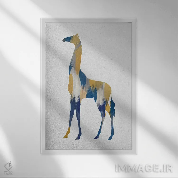 تابلو مینیمال زرافه آبی و زرد اثر اورارا استودیو - نمای قابدار سفید