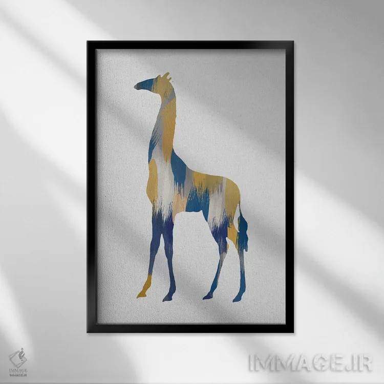 تابلو مینیمال زرافه آبی و زرد اثر اورارا استودیو - نمای قابدار مشکی