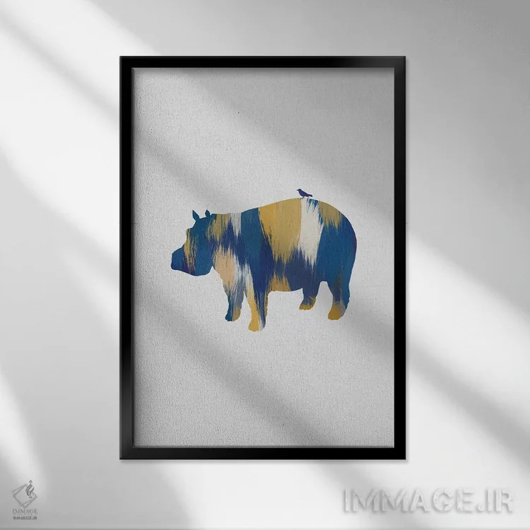 تابلو مینیمال اسب آبی آبی و زرد اثر اورارا استودیو - نمای قابدار مشکی