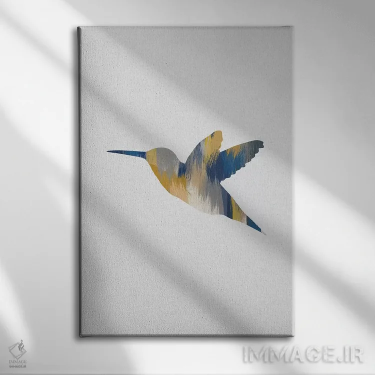 تابلو مینیمال مرغ مگس خوار آبی و زرد ۱ اثر اورارا استودیو - نمای روبهرو روی دیوار