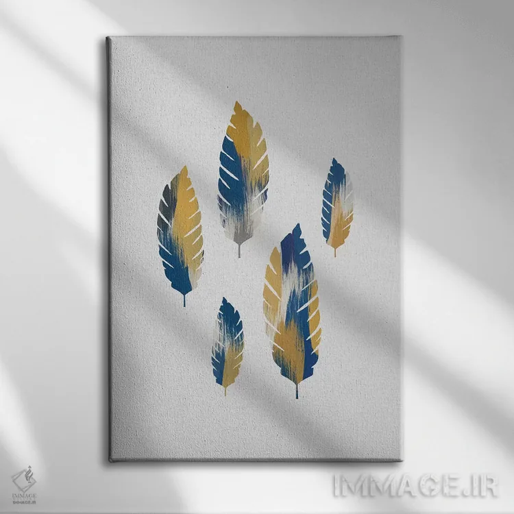 تابلو مینیمال برگ های آبی و زرد اثر اورارا استودیو - نمای روبهرو روی دیوار