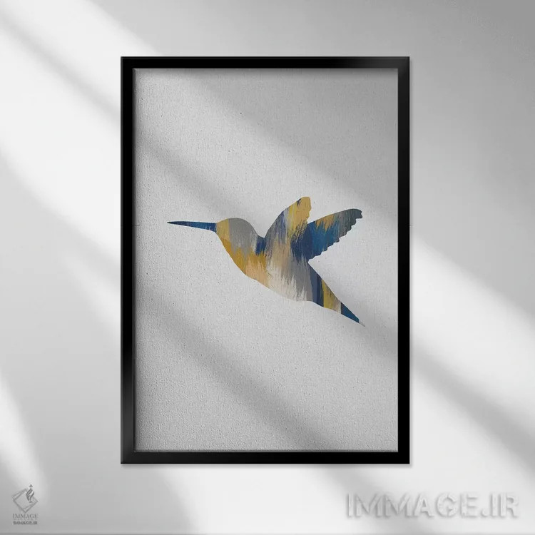 تابلو مینیمال مرغ مگس خوار آبی و زرد ۱ اثر اورارا استودیو - نمای قابدار مشکی