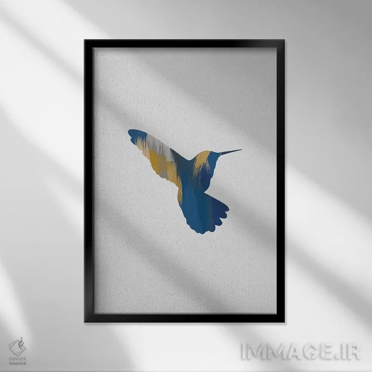 تابلو مینیمال مرغ مگس خوار آبی و زرد ۲ اثر اورارا استودیو - نمای قابدار مشکی