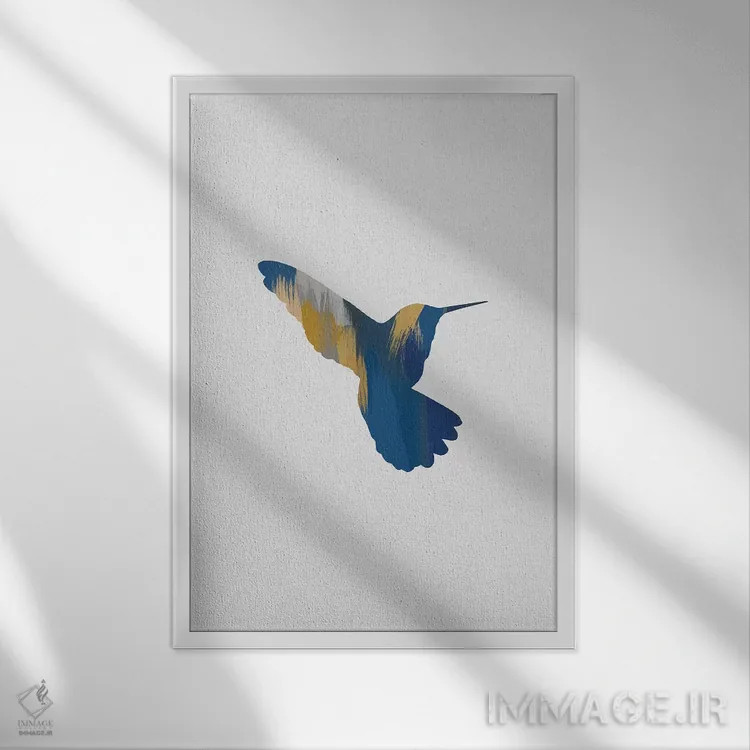 تابلو مینیمال مرغ مگس خوار آبی و زرد ۲ اثر اورارا استودیو - نمای قابدار سفید