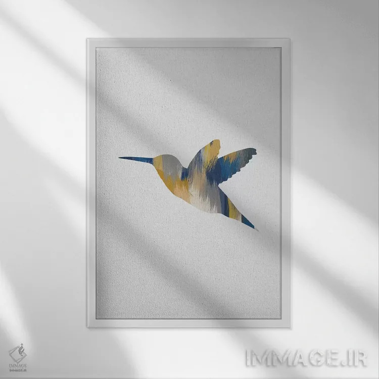 تابلو مینیمال مرغ مگس خوار آبی و زرد ۱ اثر اورارا استودیو - نمای قابدار سفید
