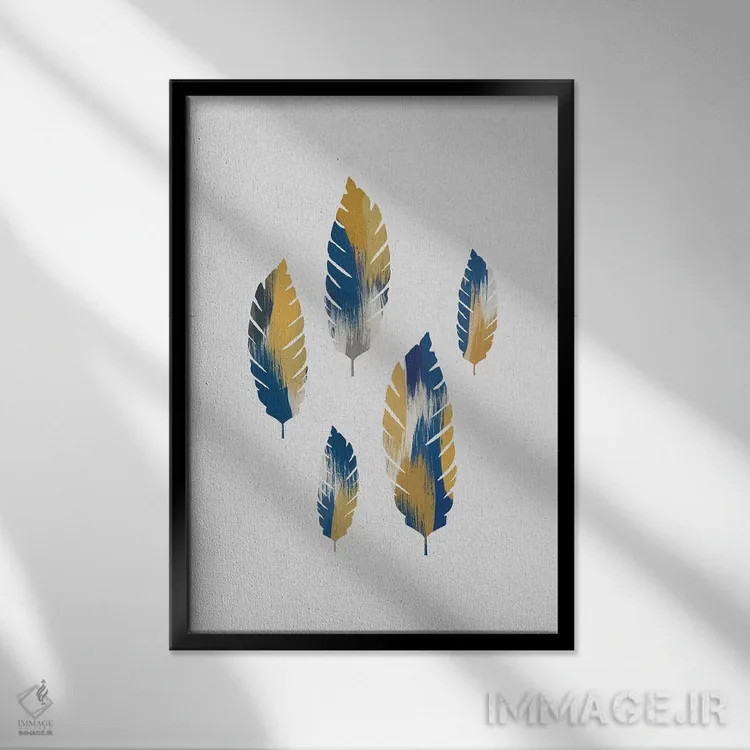 تابلو مینیمال برگ های آبی و زرد اثر اورارا استودیو - نمای قابدار مشکی