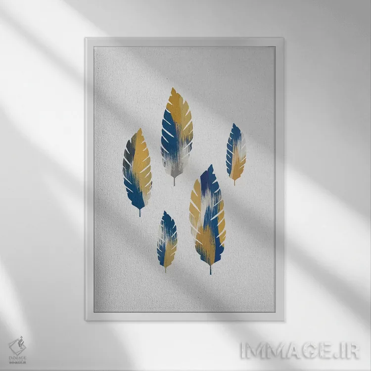 تابلو مینیمال برگ های آبی و زرد اثر اورارا استودیو - نمای قابدار سفید