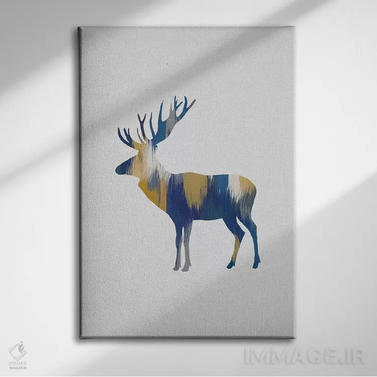تابلو مینیمال گوزن شمالی آبی و زرد اثر اورارا استودیو - نمای روبهرو روی دیوار