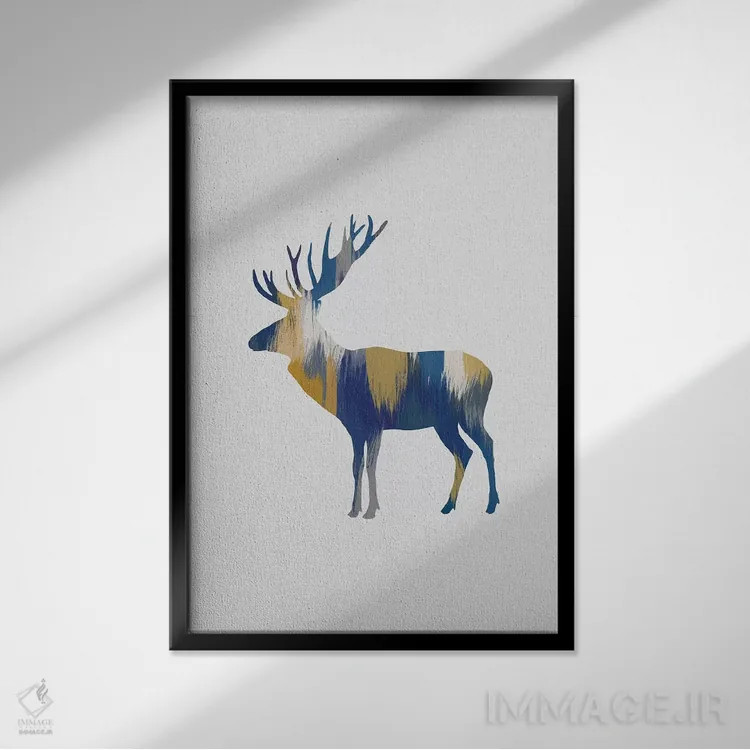 تابلو مینیمال گوزن شمالی آبی و زرد اثر اورارا استودیو - نمای قابدار مشکی