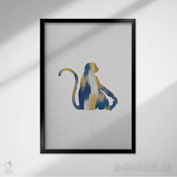 تابلو مینیمال میمون آبی و زرد اثر اورارا استودیو - نمای قابدار مشکی