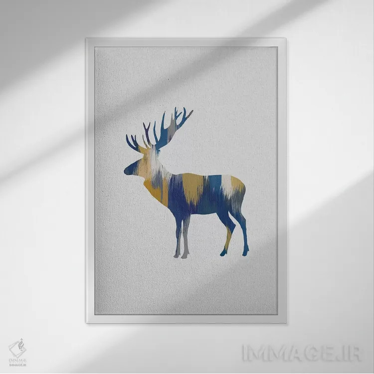 تابلو مینیمال گوزن شمالی آبی و زرد اثر اورارا استودیو - نمای قابدار سفید