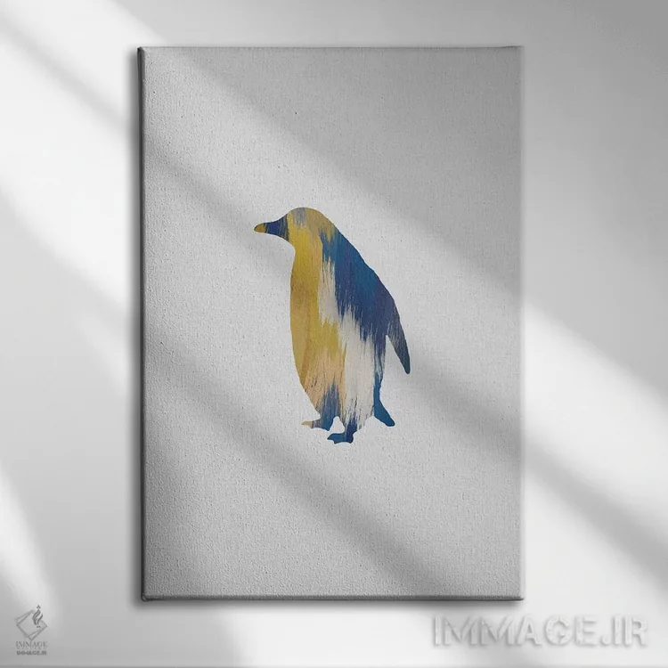 تابلو مینیمال پنگوئن آبی و زرد اثر اورارا استودیو - نمای روبهرو روی دیوار