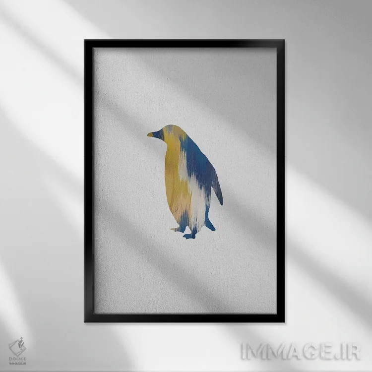 تابلو مینیمال پنگوئن آبی و زرد اثر اورارا استودیو - نمای قابدار مشکی