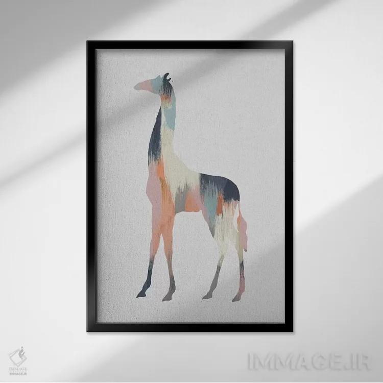 تابلو مینیمال زرافه پاستلی اثر اورارا استودیو - نمای قابدار مشکی