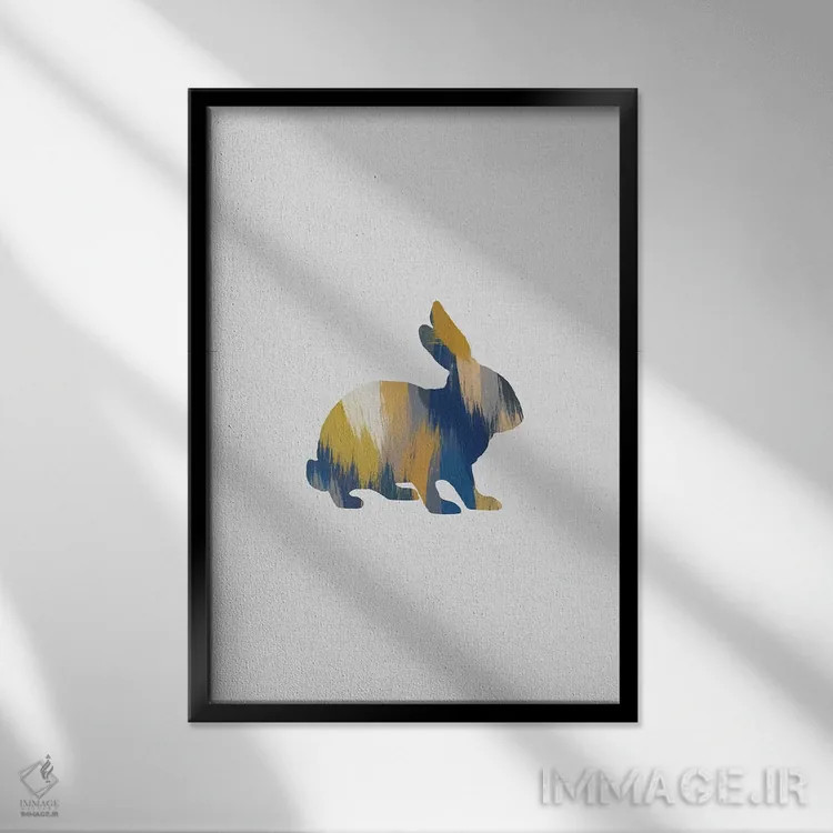 تابلو مینیمال خرگوش آبی و زرد اثر اورارا استودیو - نمای قابدار مشکی
