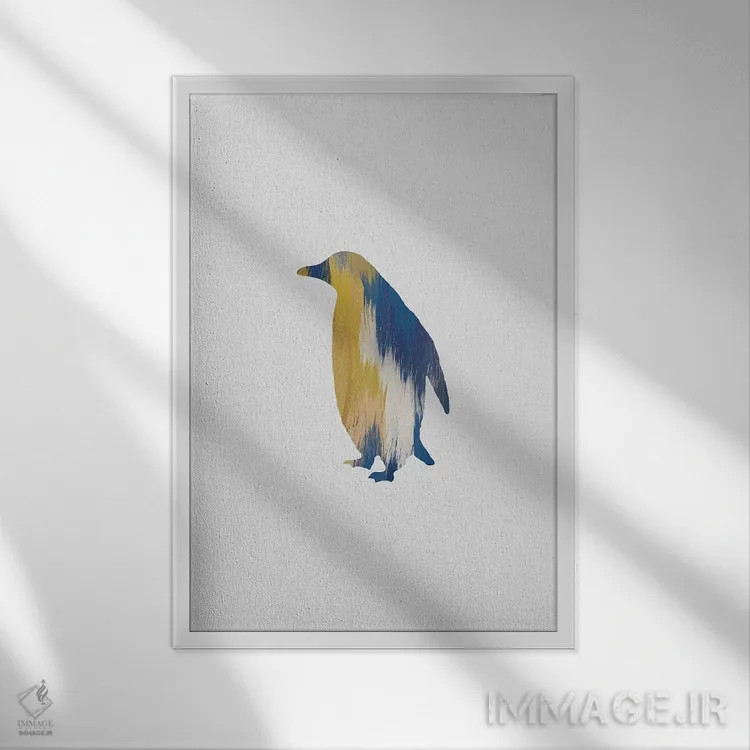تابلو مینیمال پنگوئن آبی و زرد اثر اورارا استودیو - نمای قابدار سفید