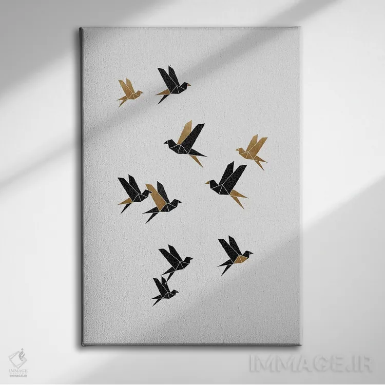 تابلو مینیمال کلاژ پرندگان اوریگامی ۱ اثر اورارا استودیو - نمای روبهرو روی دیوار