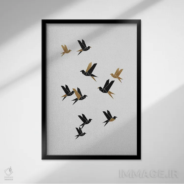 تابلو مینیمال کلاژ پرندگان اوریگامی ۱ اثر اورارا استودیو - نمای قابدار مشکی
