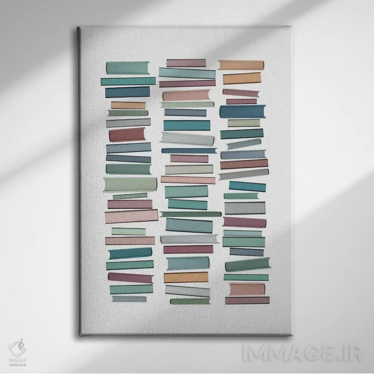 تابلو مینیمال کتاب های پاستلی اثر اورارا استودیو - نمای روبهرو روی دیوار