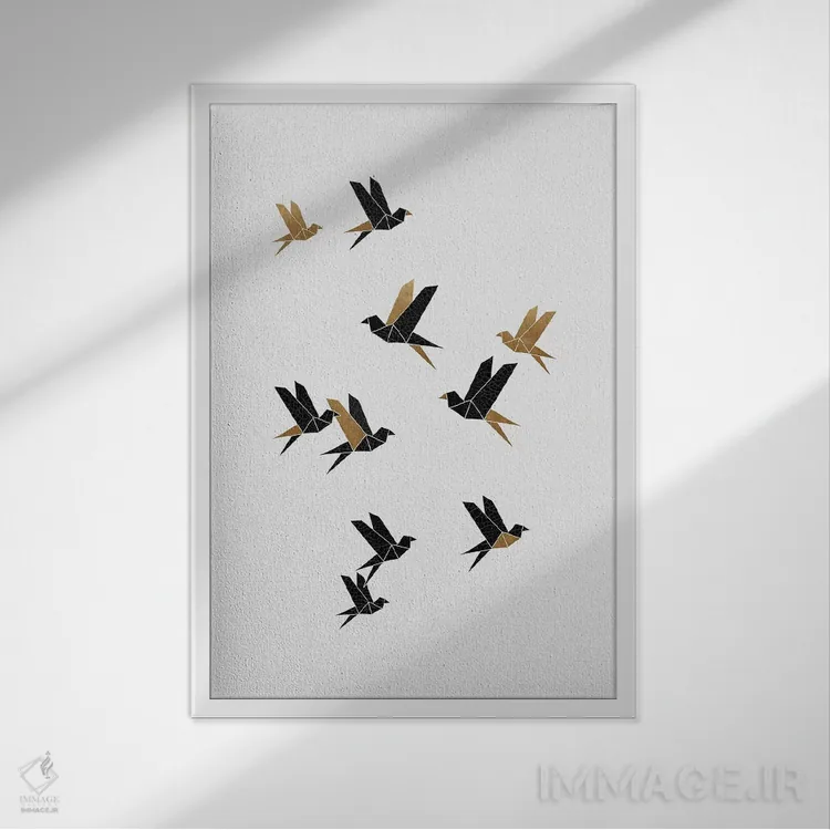 تابلو مینیمال کلاژ پرندگان اوریگامی ۱ اثر اورارا استودیو - نمای قابدار سفید
