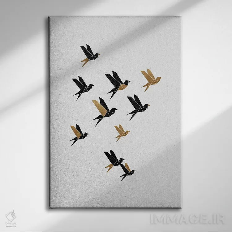 تابلو مینیمال کلاژ پرندگان اوریگامی ۳ اثر اورارا استودیو - نمای روبهرو روی دیوار