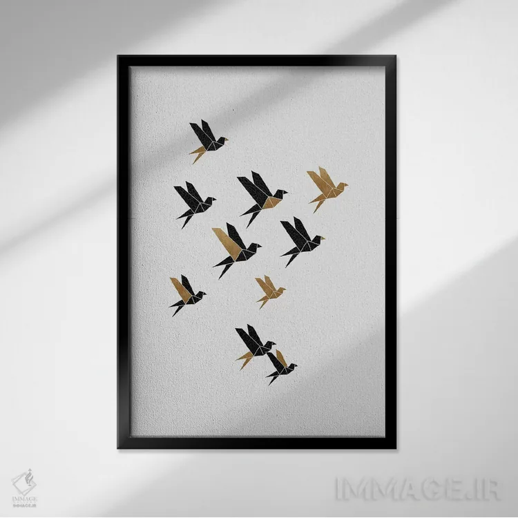 تابلو مینیمال کلاژ پرندگان اوریگامی ۳ اثر اورارا استودیو - نمای قابدار مشکی