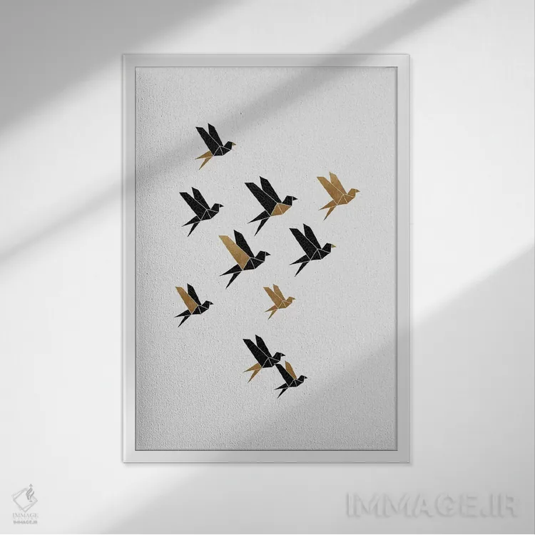 تابلو مینیمال کلاژ پرندگان اوریگامی ۳ اثر اورارا استودیو - نمای قابدار سفید