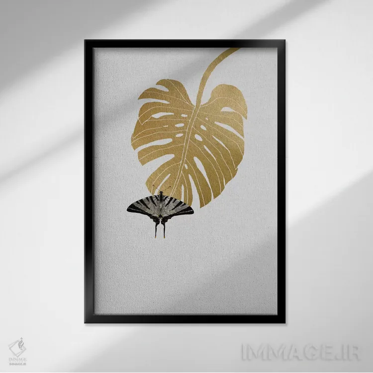 تابلو مدرن پروانه و برگ مونسترا اثر اورارا استودیو - نمای قابدار مشکی
