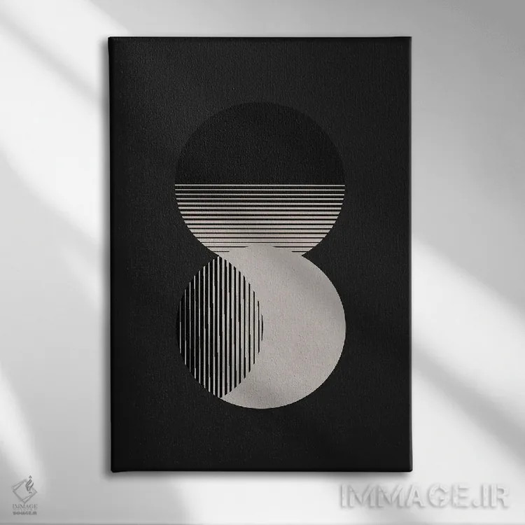تابلو مینیمال دایره خورشید و ماه سیاه و سفید اثر اورارا استودیو - نمای روبهرو روی دیوار