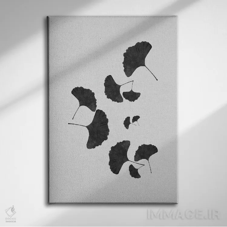 تابلو مینیمال برگ جینکو ۱ سیاه و سفید اثر اورارا استودیو - نمای روبهرو روی دیوار