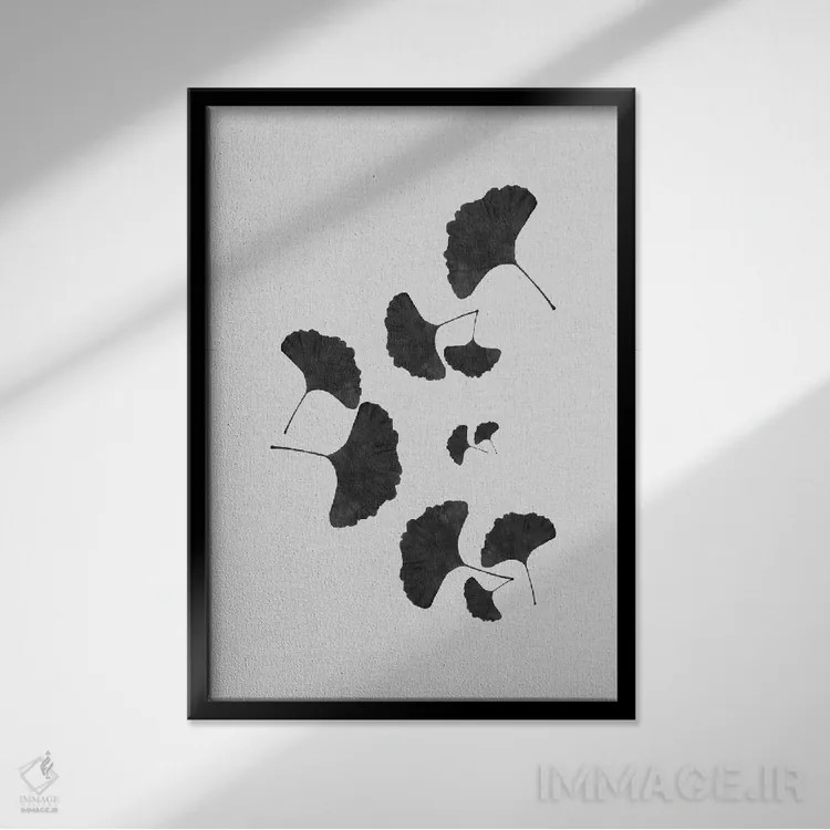 تابلو مینیمال برگ جینکو ۱ سیاه و سفید اثر اورارا استودیو - نمای قابدار مشکی