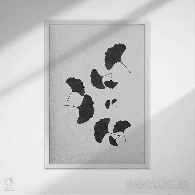 تابلو مینیمال برگ جینکو ۱ سیاه و سفید اثر اورارا استودیو - نمای قابدار سفید