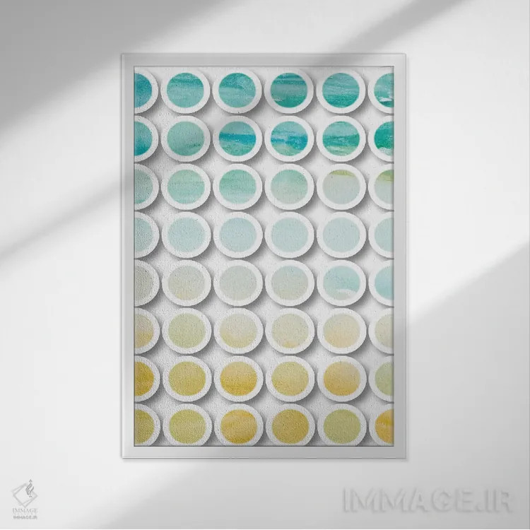 تابلو انتزاعی دایره های چندرسانه ای صنعتی اثر ایرنا اورلوف - نمای قابدار سفید