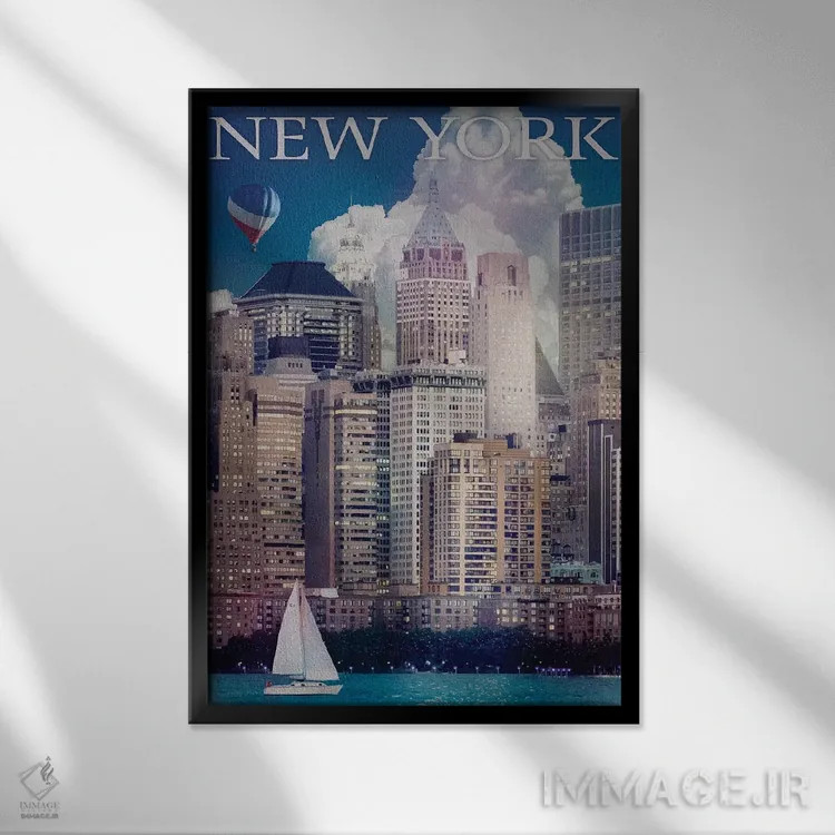 تابلو دکوراتیو رودخانه منهتن نیویورک اثر اولد رد تراک - نمای قابدار مشکی