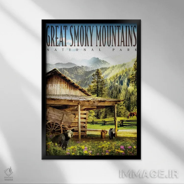 تابلو دکوراتیو کلبه کوه دودزده اثر اولد رد تراک - نمای قابدار مشکی