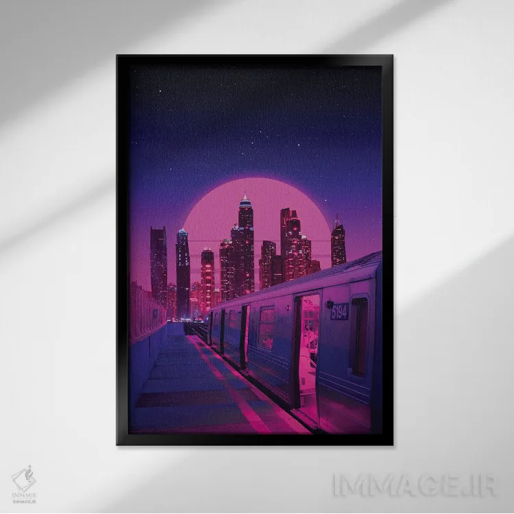 تابلو دکوراتیو قطار شهر نئون اثر دانر اوروزکو - نمای قابدار مشکی
