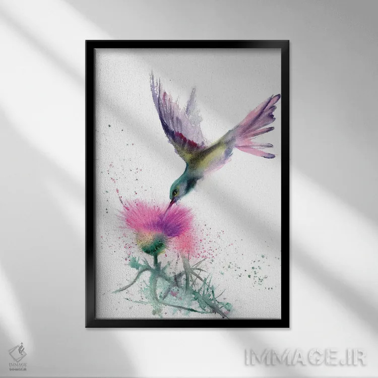 تابلو دکوراتیو مرغ مگس خوار و خار اثر الگا چفرانوف - نمای قابدار مشکی