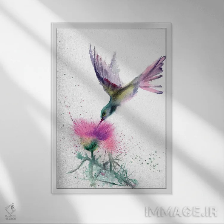 تابلو دکوراتیو مرغ مگس خوار و خار اثر الگا چفرانوف - نمای قابدار سفید