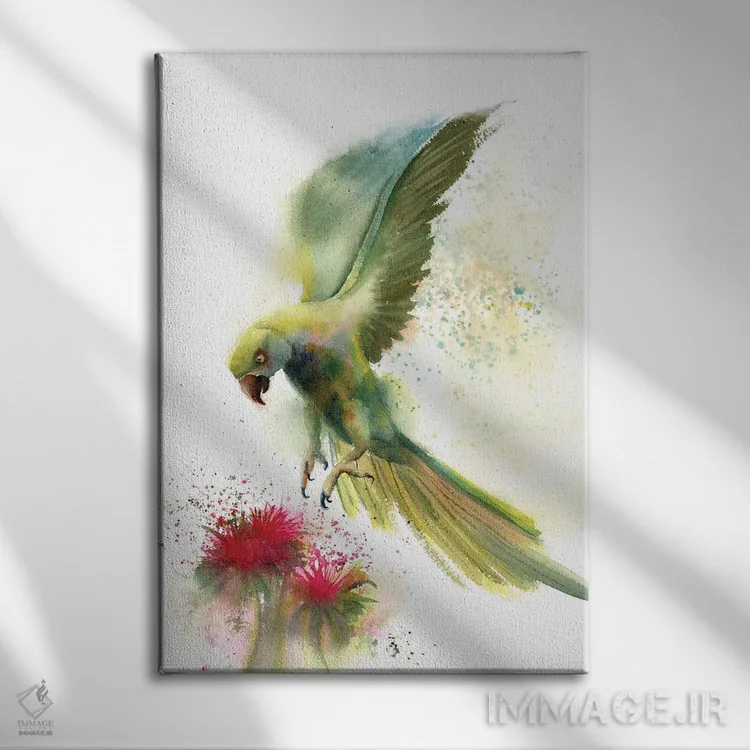 تابلو دکوراتیو طوطی سبز و گل اثر الگا چفرانوف - نمای روبهرو روی دیوار