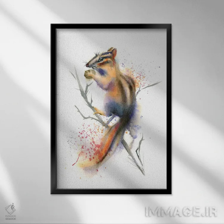 تابلو دکوراتیو سنجابک روی شاخه اثر الگا چفرانوف - نمای قابدار مشکی