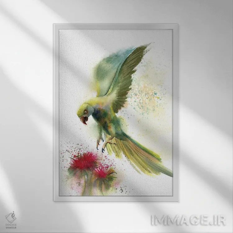 تابلو دکوراتیو طوطی سبز و گل اثر الگا چفرانوف - نمای قابدار سفید