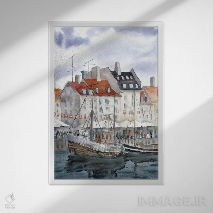 تابلو دکوراتیو چشم انداز شهری کپنهاگ اثر الگا چفرانوف - نمای قابدار سفید