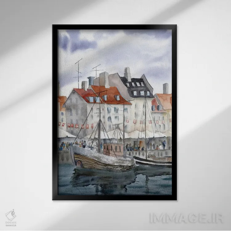 تابلو دکوراتیو چشم انداز شهری کپنهاگ اثر الگا چفرانوف - نمای قابدار مشکی