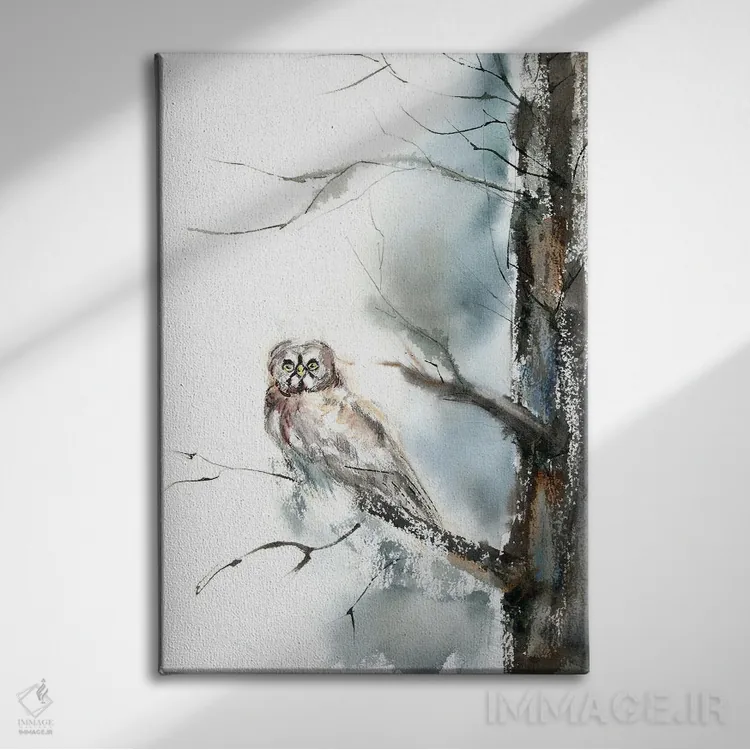 تابلو دکوراتیو جغد و درخت اثر الگا چفرانوف - نمای روبهرو روی دیوار