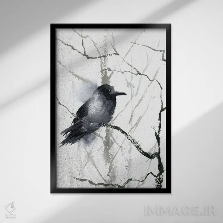 تابلو دکوراتیو کلاغ سیاه و درخت اثر الگا چفرانوف - نمای قابدار مشکی