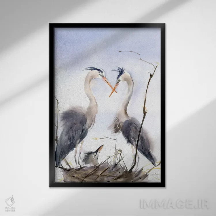 تابلو دکوراتیو خانواده مرغ آبکنار ۲ اثر الگا چفرانوف - نمای قابدار مشکی